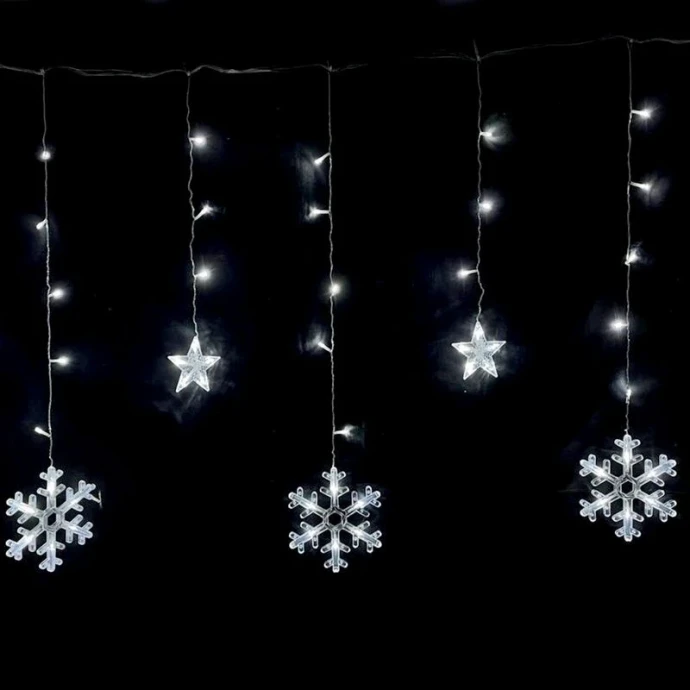 Гирлянда эл. Бахрома Звезды и снежинки 2,5*0,85м 120LED теплый белый шнур 1м цв.уп JC-15331 (30)