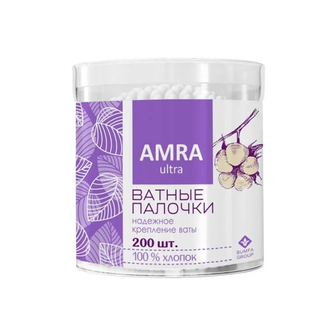 Ватные палочки хлопок/пластик AMRA 200шт. цилиндр (24)
