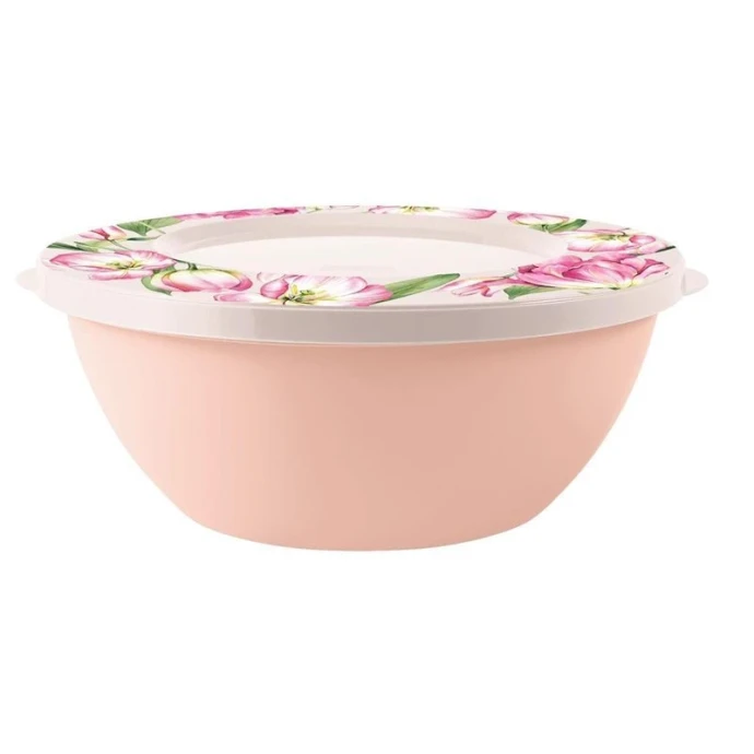 Миска 5л пластик Flowers розовая пудра с крышкой (15)