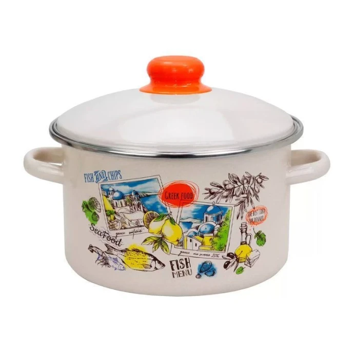 Кастрюля 2л эмаль ГРЕЧЕСКАЯ КУХНЯ бисквит с рис. 33-1610/4 (8)